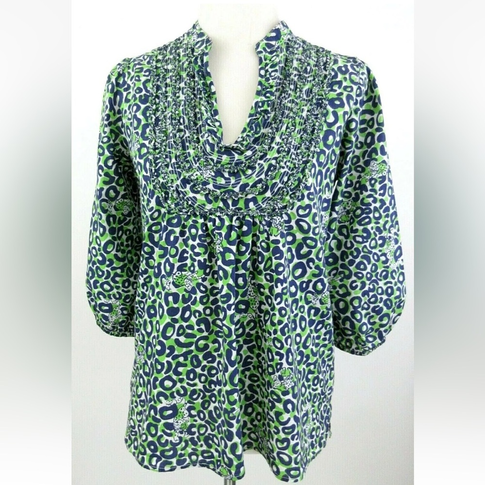 Lilly Pulitzer Blue Green Thrill of the Chase Leopard Top Size Small 100% Cotton
